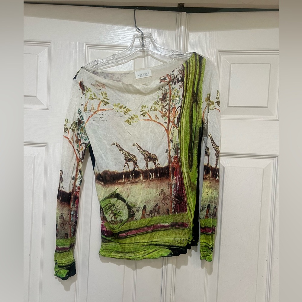 Iceberg Women's  Giraffe Forest Graphic Long Sleeves Top Sweater Lightweight S‎